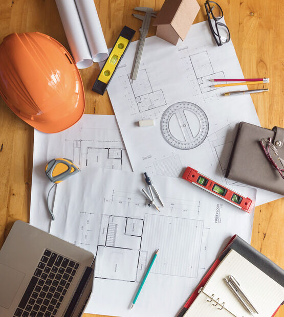 Engineer and Architect concept, Engineer Architects office team working with blueprints