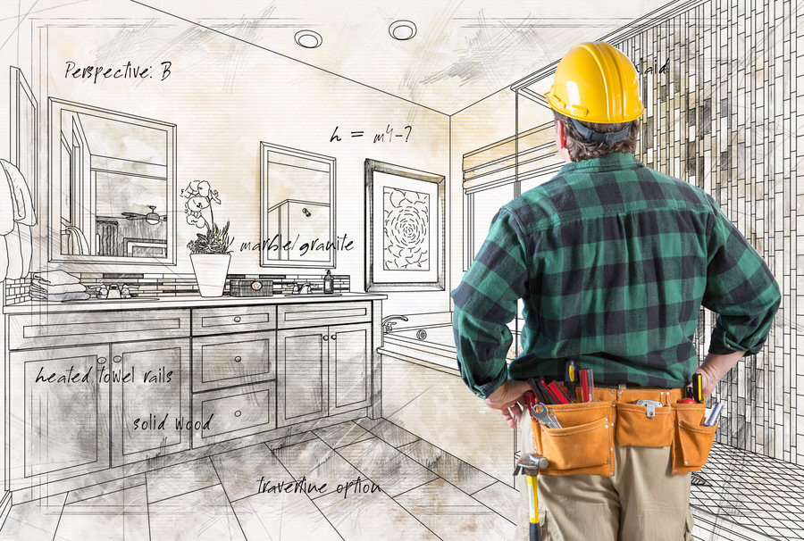 Contractor With Hard Hat and Tool Belt Facing Custom Master Bathroom Design Drawing Details .